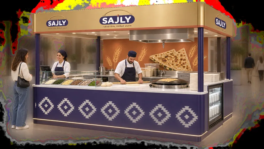 SAJLY crowned island kiosk — left three-quarter view, gözleme (AI-assisted 3D visualisation)