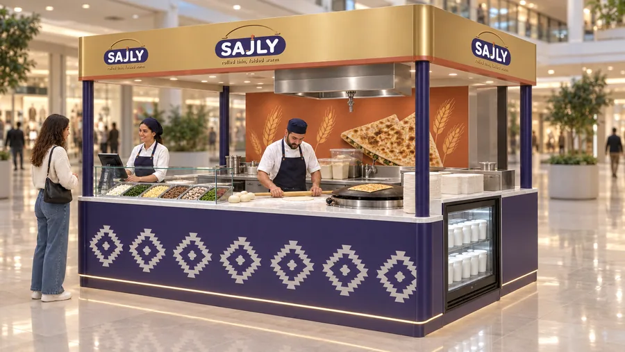 SAJLY crowned island kiosk — right three-quarter view, gözleme (AI-assisted 3D visualisation)