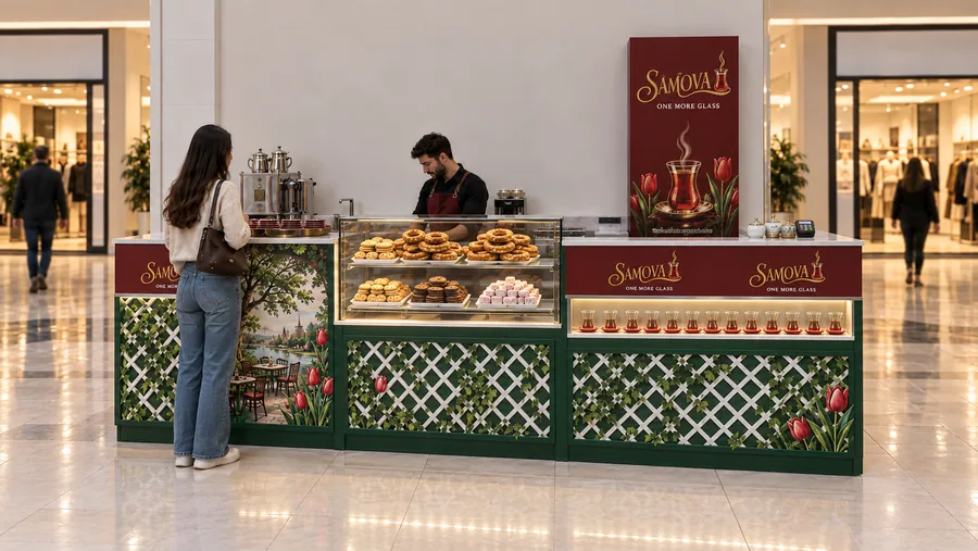 SAMOVA counter-type kiosk in front of a wall — front view, freshly brewed Turkish black tea served in tulip (AI-assisted 3D visualisation)