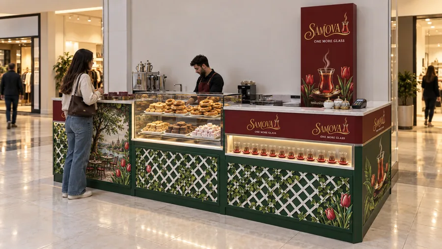 SAMOVA counter-type kiosk in front of a wall — left three-quarter view, freshly brewed Turkish black tea served in tulip (AI-assisted 3D visualisation)