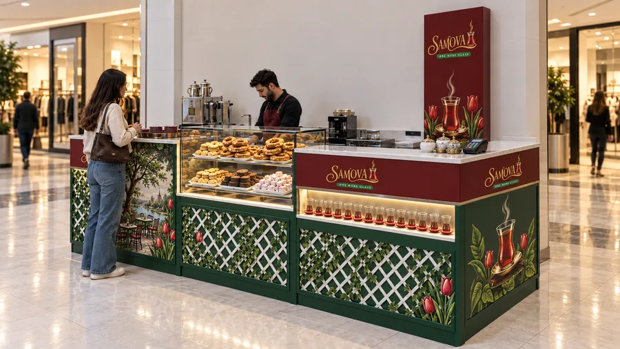 SAMOVA counter-type kiosk in front of a wall — right three-quarter view, freshly brewed Turkish black tea served in tulip (AI-assisted 3D visualisation)