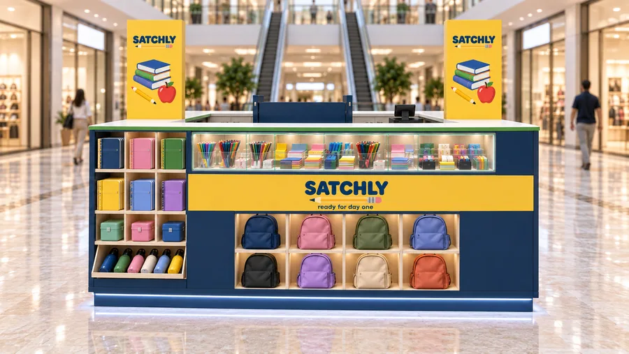 SATCHLY counter-type island kiosk — front view, back-to-school supplies (AI-assisted 3D visualisation)