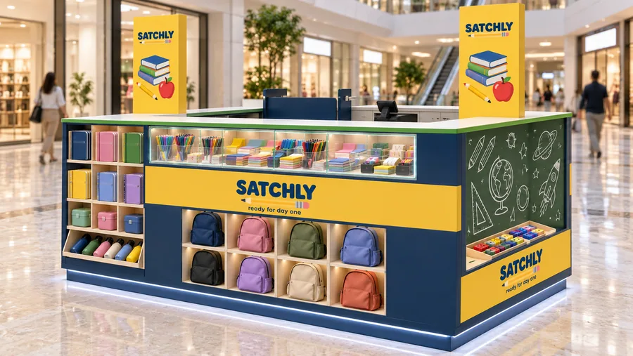 SATCHLY counter-type island kiosk — left three-quarter view, back-to-school supplies (AI-assisted 3D visualisation)