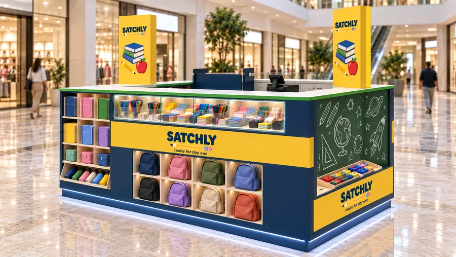 SATCHLY counter-type island kiosk — right three-quarter view, back-to-school supplies (AI-assisted 3D visualisation)