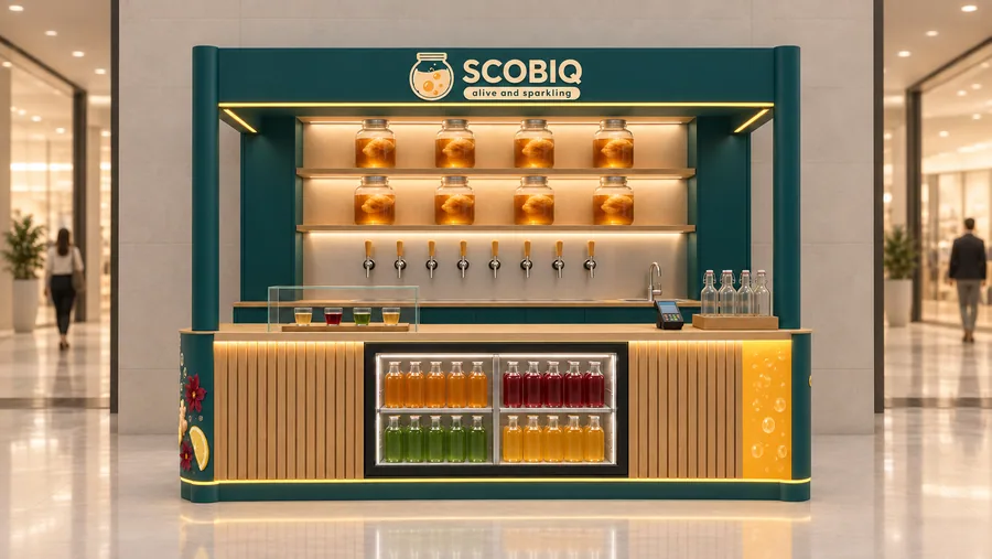 SCOBIQ crowned kiosk in front of a wall — front view, kombucha on tap (AI-assisted 3D visualisation)