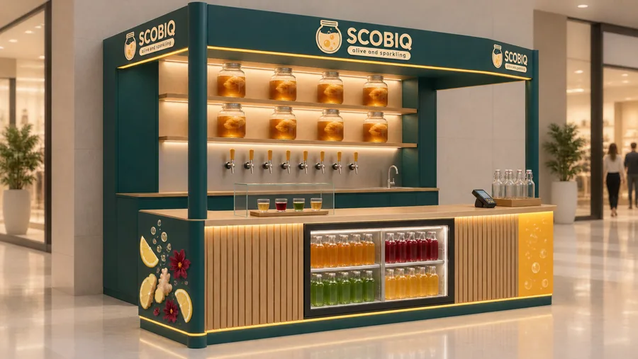 SCOBIQ crowned kiosk in front of a wall — left three-quarter view, kombucha on tap (AI-assisted 3D visualisation)