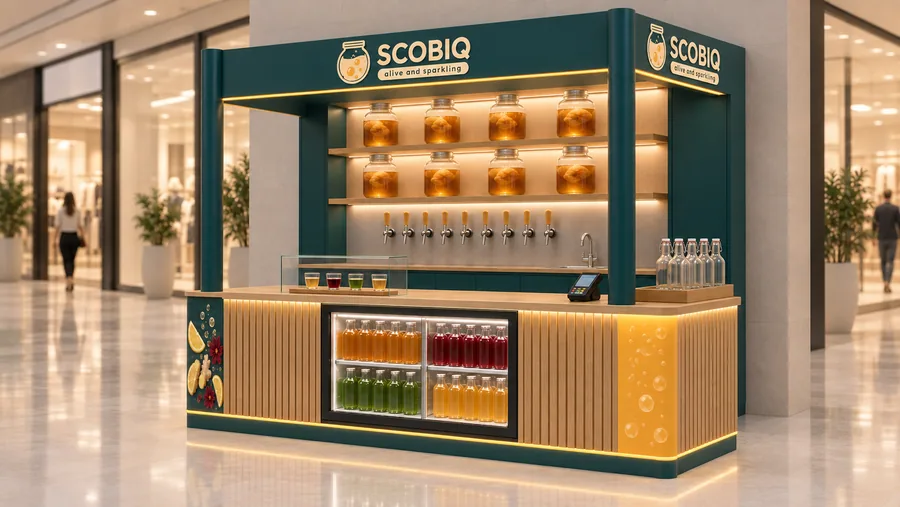 SCOBIQ crowned kiosk in front of a wall — right three-quarter view, kombucha on tap (AI-assisted 3D visualisation)