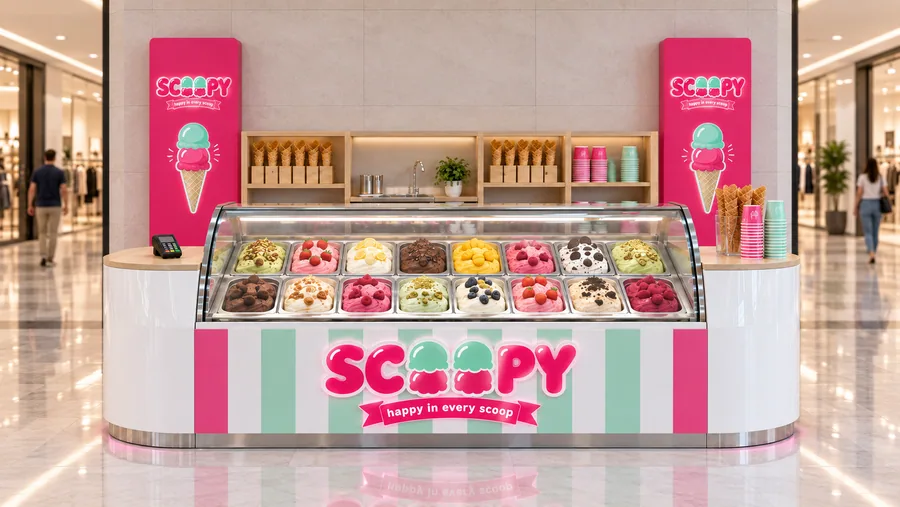 SCOOPY counter-type kiosk in front of a wall — front view, Italian-style gelato (AI-assisted 3D visualisation)