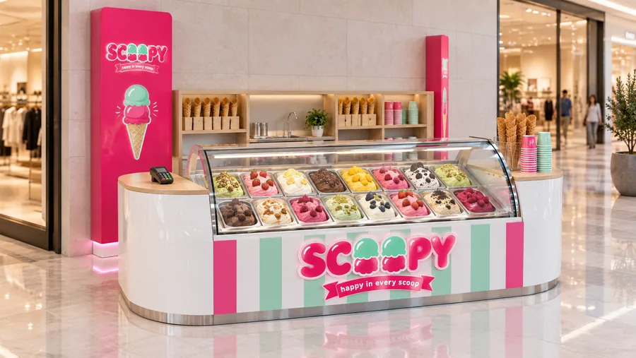 SCOOPY counter-type kiosk in front of a wall — left three-quarter view, Italian-style gelato (AI-assisted 3D visualisation)