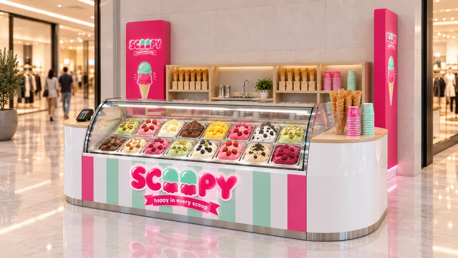SCOOPY counter-type kiosk in front of a wall — right three-quarter view, Italian-style gelato (AI-assisted 3D visualisation)