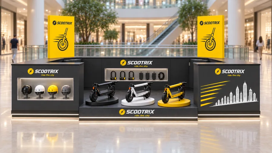 SCOOTRIX counter-type island kiosk — front view, electric scooters (AI-assisted 3D visualisation)