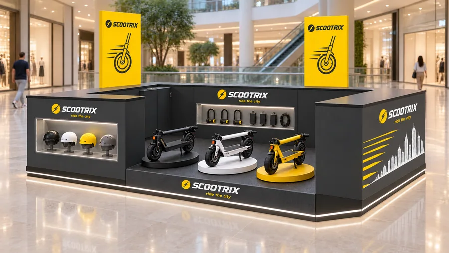 SCOOTRIX counter-type island kiosk — left three-quarter view, electric scooters (AI-assisted 3D visualisation)