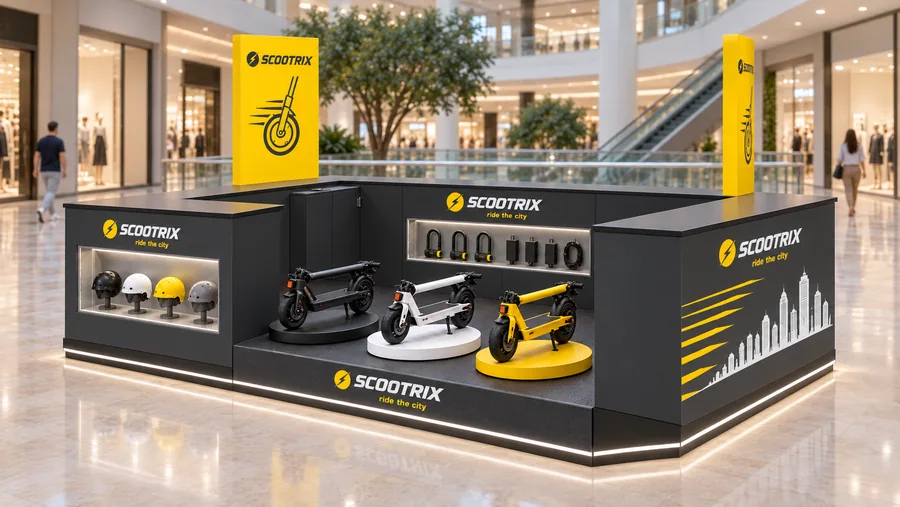 SCOOTRIX counter-type island kiosk — right three-quarter view, electric scooters (AI-assisted 3D visualisation)