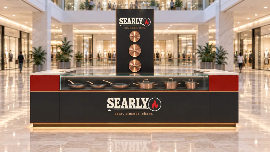 SEARLY counter-type island kiosk — front view, cookware (AI-assisted 3D visualisation)
