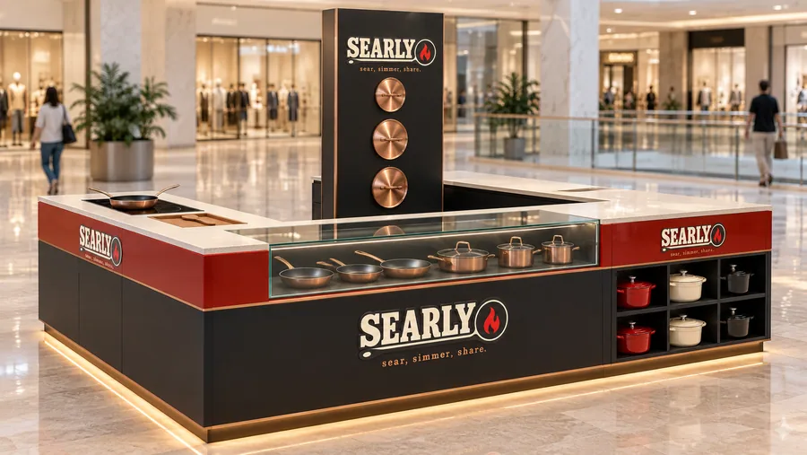 SEARLY counter-type island kiosk — left three-quarter view, cookware (AI-assisted 3D visualisation)