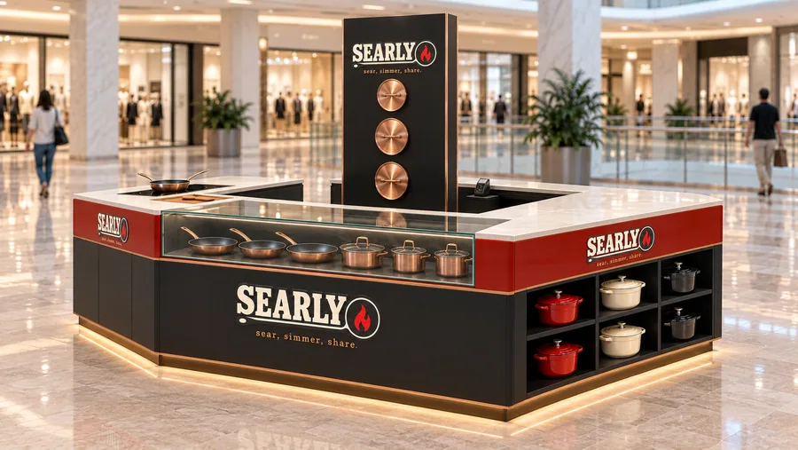 SEARLY counter-type island kiosk — right three-quarter view, cookware (AI-assisted 3D visualisation)