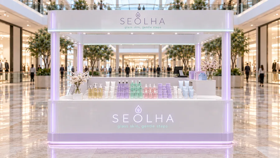 SEOLHA crowned island kiosk — front view, Korean-style skincare (AI-assisted 3D visualisation)