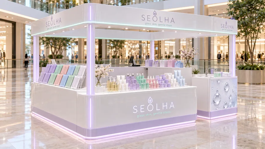 SEOLHA crowned island kiosk — left three-quarter view, Korean-style skincare (AI-assisted 3D visualisation)