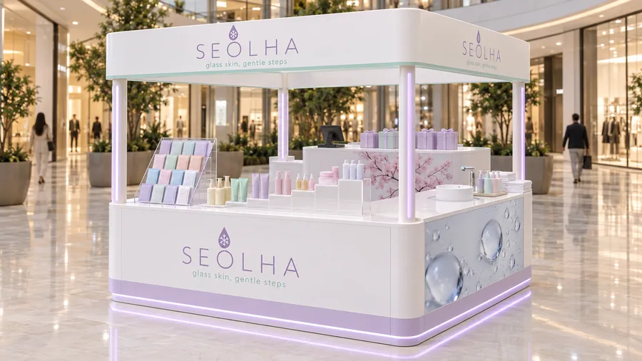 SEOLHA crowned island kiosk — right three-quarter view, Korean-style skincare (AI-assisted 3D visualisation)