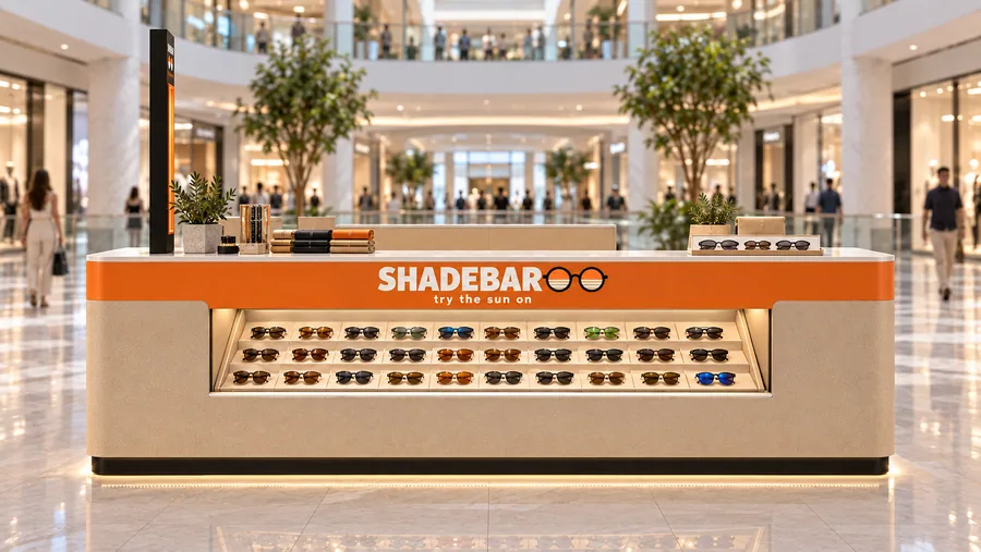 SHADEBAR counter-type island kiosk — front view, fashion sunglasses (AI-assisted 3D visualisation)