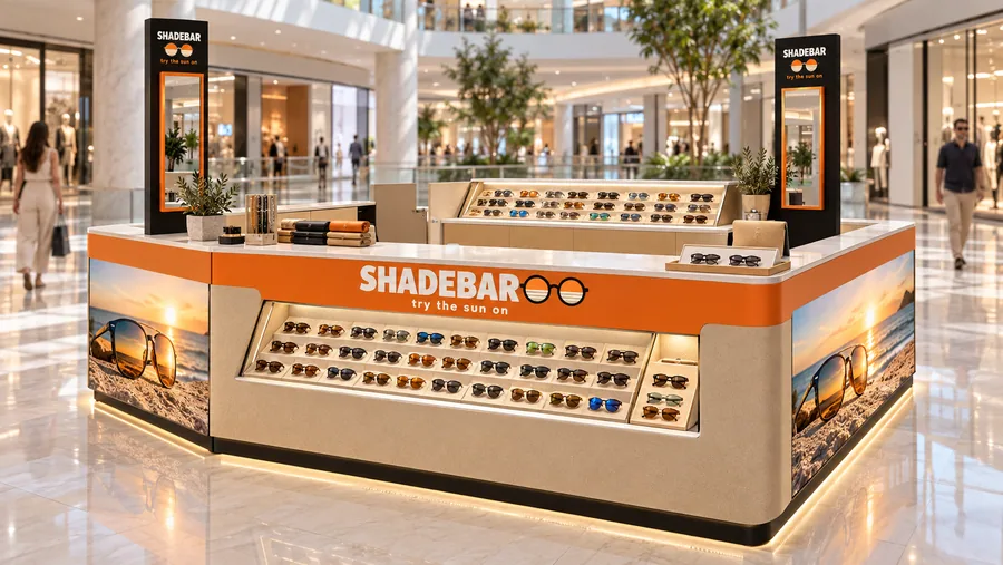SHADEBAR counter-type island kiosk — left three-quarter view, fashion sunglasses (AI-assisted 3D visualisation)
