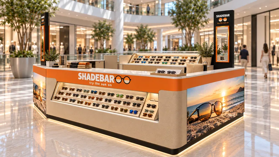 SHADEBAR counter-type island kiosk — right three-quarter view, fashion sunglasses (AI-assisted 3D visualisation)