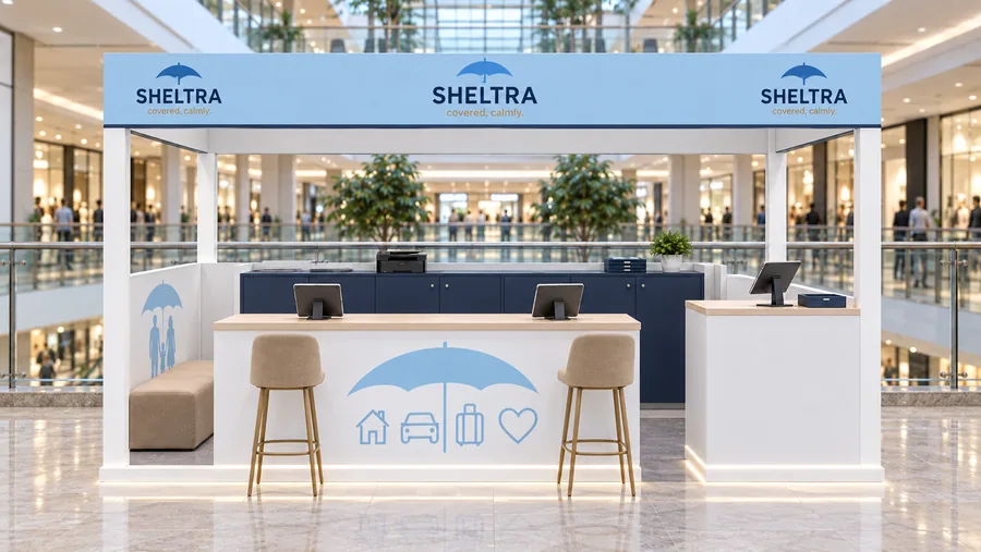 SHELTRA crowned kiosk in front of a balcony — front view, insurance information point (AI-assisted 3D visualisation)