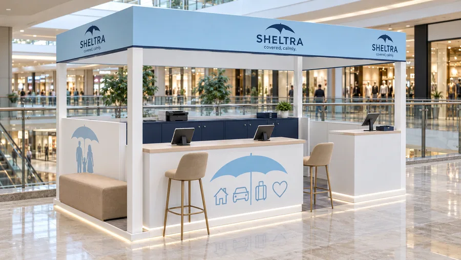 SHELTRA crowned kiosk in front of a balcony — left three-quarter view, insurance information point (AI-assisted 3D visualisation)