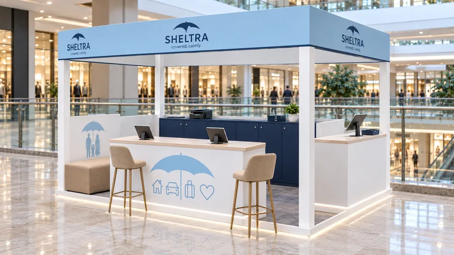 SHELTRA crowned kiosk in front of a balcony — right three-quarter view, insurance information point (AI-assisted 3D visualisation)