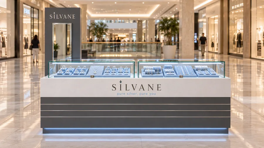 SILVANE counter-type island kiosk — front view, 925 sterling silver jewellery (AI-assisted 3D visualisation)
