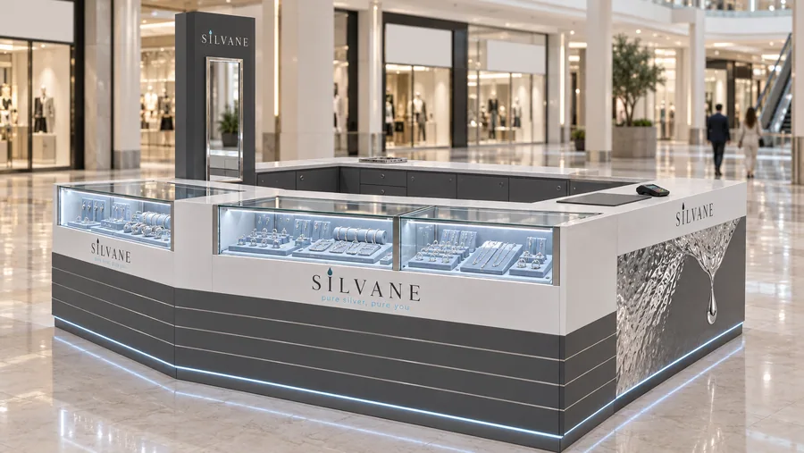 SILVANE counter-type island kiosk — left three-quarter view, 925 sterling silver jewellery (AI-assisted 3D visualisation)