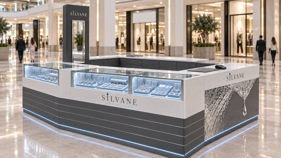 SILVANE counter-type island kiosk — right three-quarter view, 925 sterling silver jewellery (AI-assisted 3D visualisation)