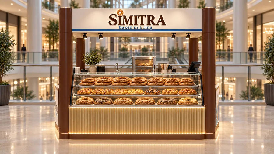 SIMITRA crowned kiosk in front of a balcony — front view, simit sesame rings (AI-assisted 3D visualisation)