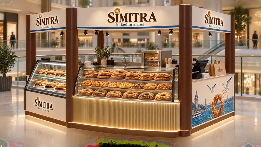 SIMITRA crowned kiosk in front of a balcony — left three-quarter view, simit sesame rings (AI-assisted 3D visualisation)