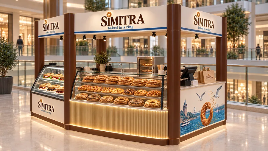 SIMITRA crowned kiosk in front of a balcony — right three-quarter view, simit sesame rings (AI-assisted 3D visualisation)
