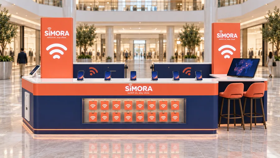 SIMORA counter-type island kiosk — front view, mobile operator promotion booth (AI-assisted 3D visualisation)