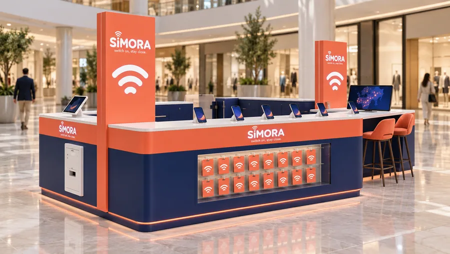 SIMORA counter-type island kiosk — left three-quarter view, mobile operator promotion booth (AI-assisted 3D visualisation)