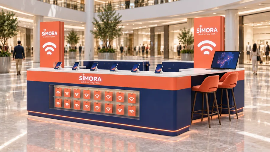 SIMORA counter-type island kiosk — right three-quarter view, mobile operator promotion booth (AI-assisted 3D visualisation)
