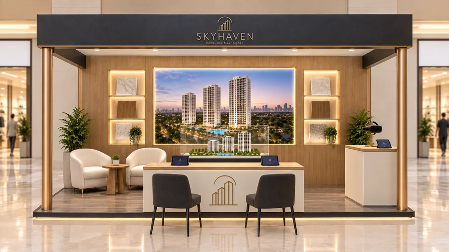 SKYHAVEN crowned kiosk in front of a wall — front view, real-estate sales office for a new residential project (AI-assisted 3D visualisation)