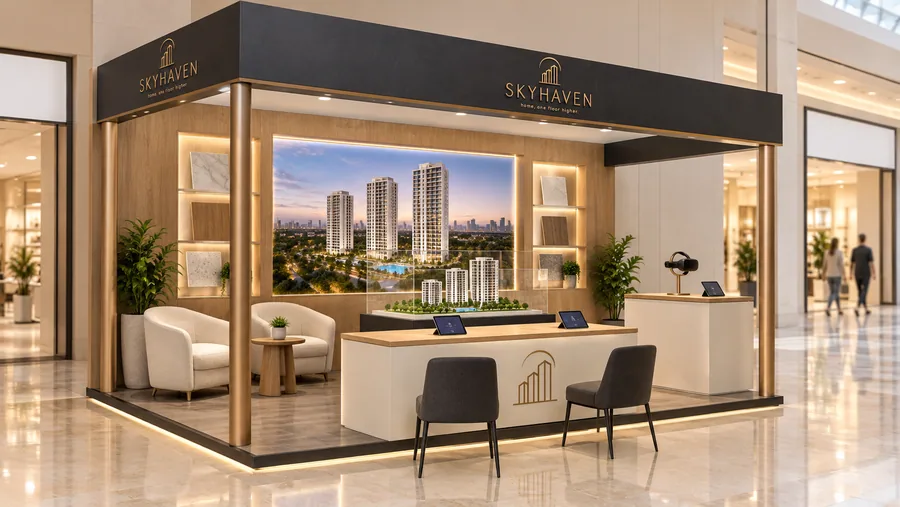SKYHAVEN crowned kiosk in front of a wall — left three-quarter view, real-estate sales office for a new residential project (AI-assisted 3D visualisation)
