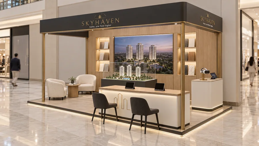 SKYHAVEN crowned kiosk in front of a wall — right three-quarter view, real-estate sales office for a new residential project (AI-assisted 3D visualisation)