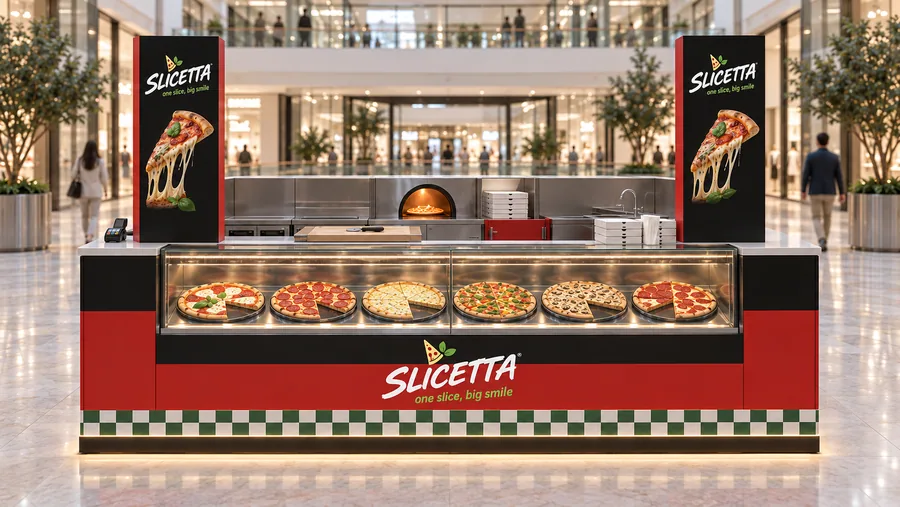 SLICETTA counter-type island kiosk — front view, pizza by the slice (AI-assisted 3D visualisation)