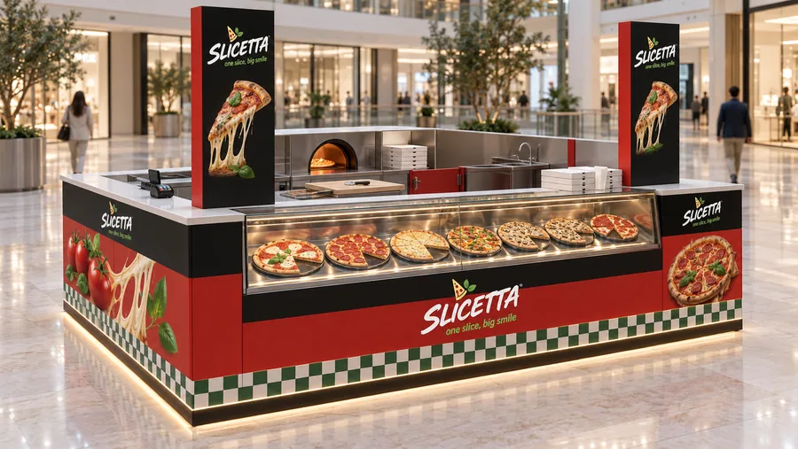 SLICETTA counter-type island kiosk — left three-quarter view, pizza by the slice (AI-assisted 3D visualisation)