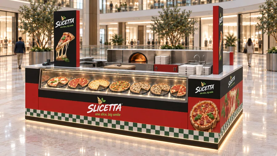 SLICETTA counter-type island kiosk — right three-quarter view, pizza by the slice (AI-assisted 3D visualisation)