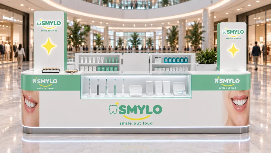 SMYLO counter-type island kiosk — front view, oral care (AI-assisted 3D visualisation)