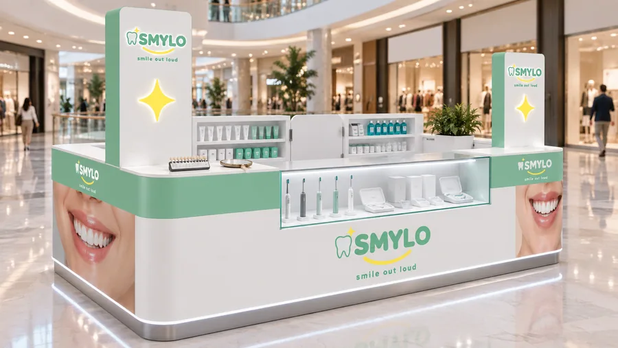 SMYLO counter-type island kiosk — left three-quarter view, oral care (AI-assisted 3D visualisation)