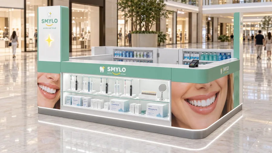 SMYLO counter-type island kiosk — right three-quarter view, oral care (AI-assisted 3D visualisation)