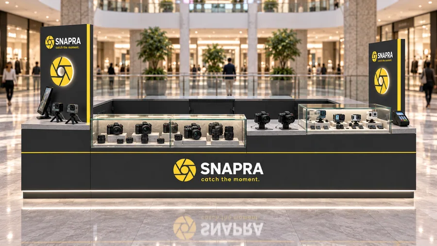 SNAPRA counter-type island kiosk — front view, mirrorless and compact cameras (AI-assisted 3D visualisation)