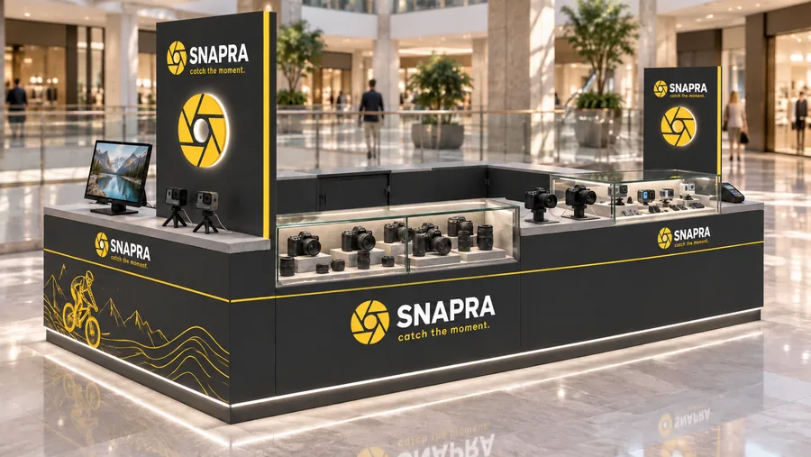 SNAPRA counter-type island kiosk — left three-quarter view, mirrorless and compact cameras (AI-assisted 3D visualisation)