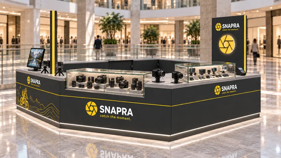 SNAPRA counter-type island kiosk — right three-quarter view, mirrorless and compact cameras (AI-assisted 3D visualisation)